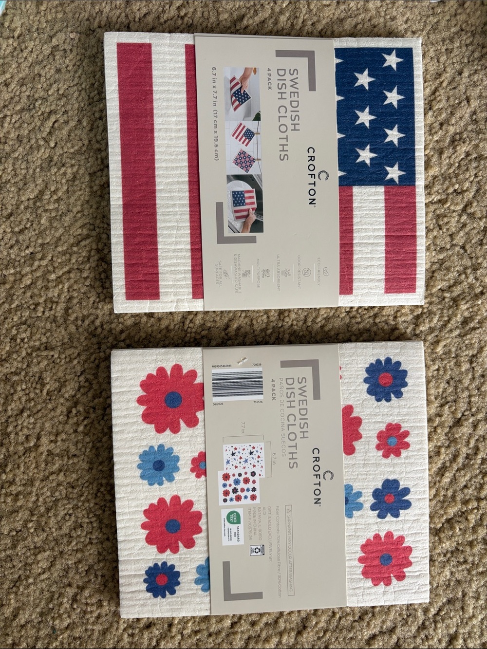 Crofton Patriotic Star & Flag Swedish Dish Cloths - Red, Blue, White